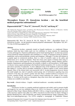 Mycosphere Essays 15. Ganoderma Lucidum - Are the Beneficial Medical Properties Substantiated?