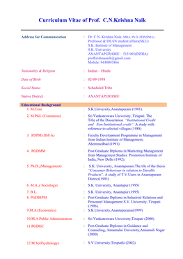 Curriculum Vitae of Prof. C.N.Krishna Naik