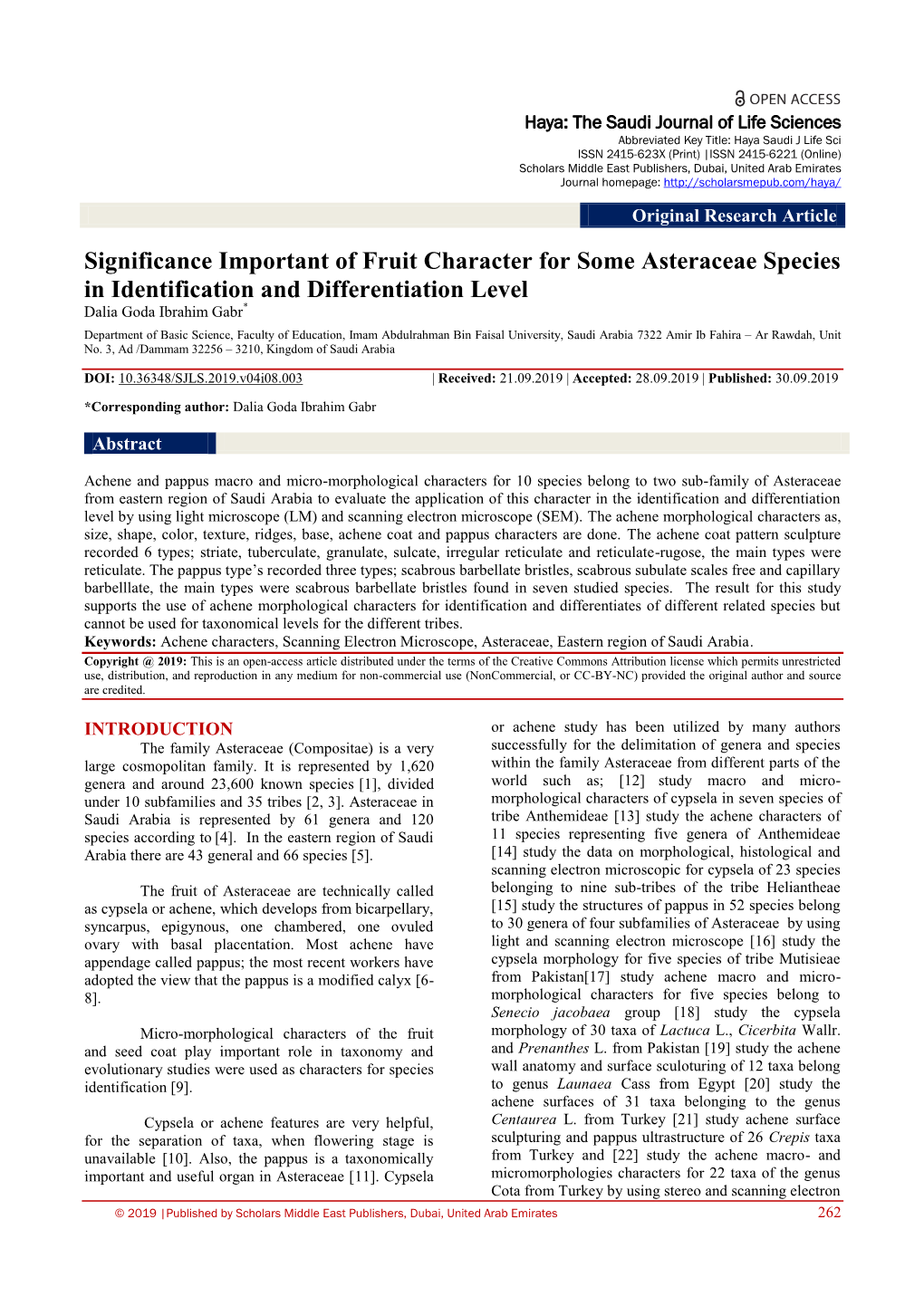 Significance Important of Fruit Character for Some Asteraceae Species in Identification and Differentiation Level Dalia Goda Ibrahim Gabr*