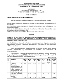 Government of India Ministry of Chemicals and Fertilizers Department of Pharmaceuticals