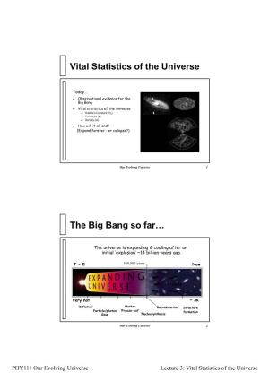Vital Statistics of the Universe the Big Bang So Far…