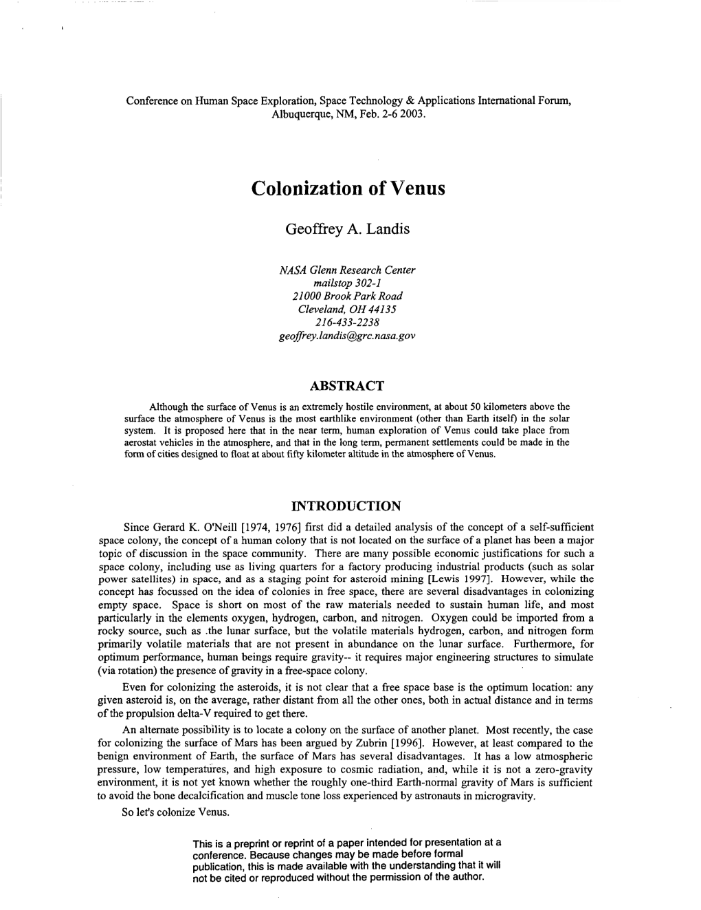 Colonization of Venus