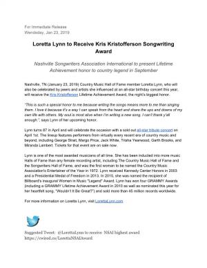 Loretta Lynn to Receive Kris Kristofferson Songwriting Award