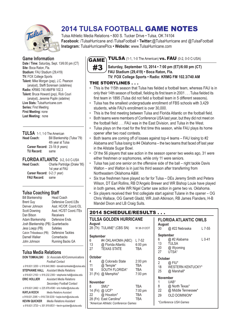 2014 TULSA FOOTBALL GAME NOTES Tulsa Athletic Media Relations • 800 S