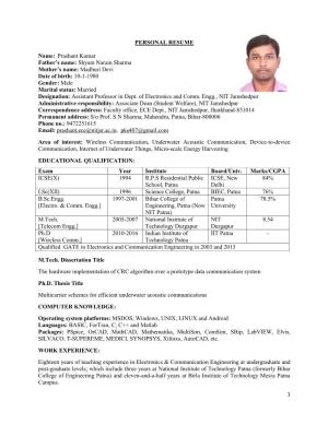 1 PERSONAL RESUME Name: Prashant Kumar