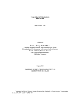 Toxicity Summary for Antimony December 1992