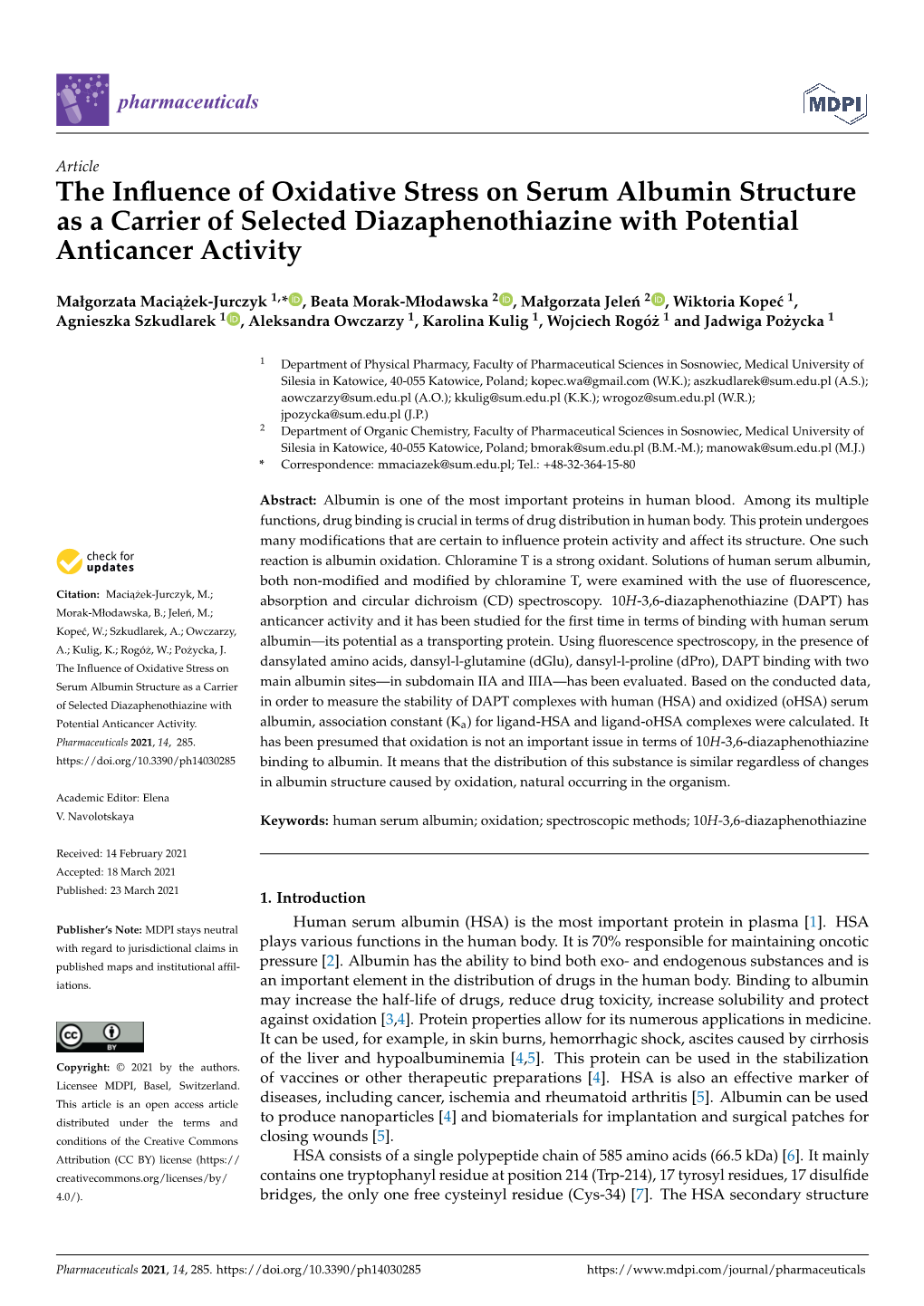 The Influence of Oxidative Stress on Serum Albumin Structure As A