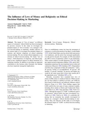 The Influence of Love of Money and Religiosity on Ethical Decision