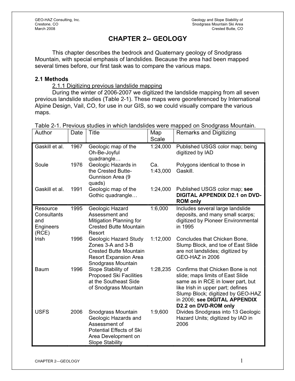 Geology and Slope Stability of Crestone, CO Snodgrass Mountain Ski Area March 2008 Crested Butte, CO CHAPTER 2-- GEOLOGY