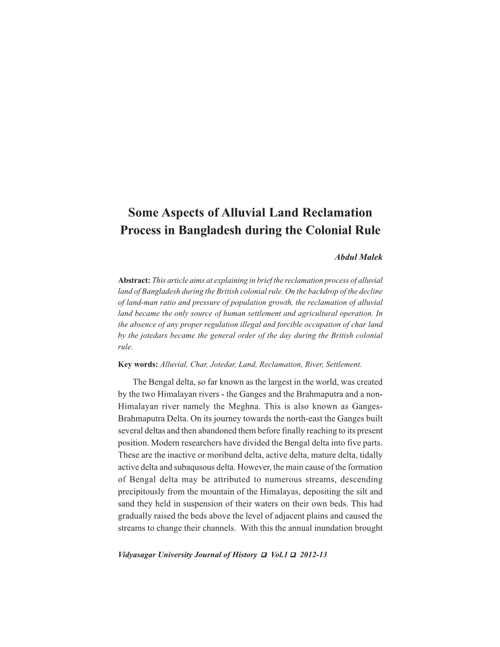 Some Aspects of Alluvial Land Reclamation Process in Bangladesh During the Colonial Rule
