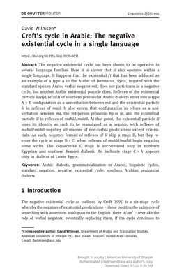 Croft's Cycle in Arabic: the Negative Existential Cycle in a Single Language