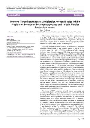 Immune Thrombocytopenia: Antiplatelet Autoantibodies Inhibit Proplatelet Formation by Megakaryocytes and Impair Platelet Production in Vitro