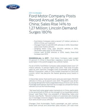 Ford Motor Company Posts Record Annual Sales in China; Sales Rise 14% to 1.27 Million; Lincoln Demand Surges 180%