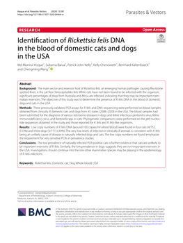 Identification of Rickettsia Felis DNA in the Blood of Domestic Cats and Dogs