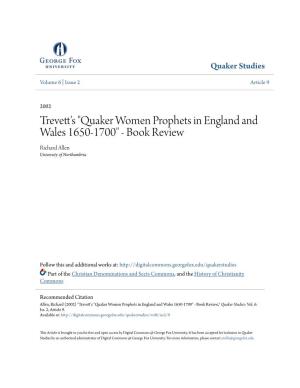 Trevett's "Quaker Women Prophets in England and Wales 1650-1700" - Book Review Richard Allen University of Northumbria