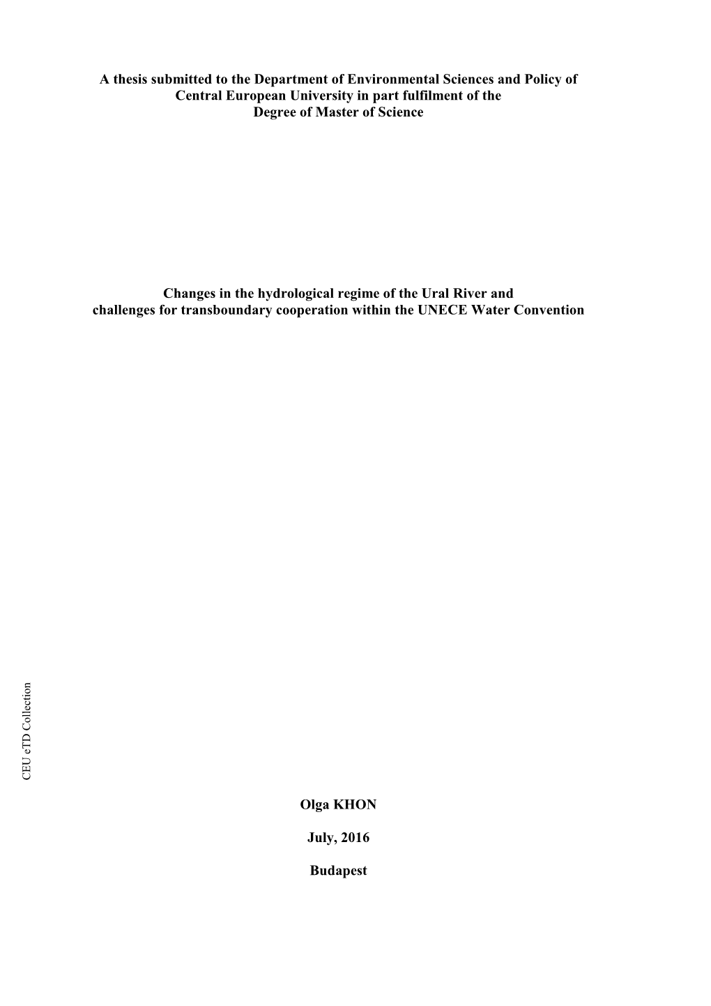 A Thesis Submitted to the Central European University, Department