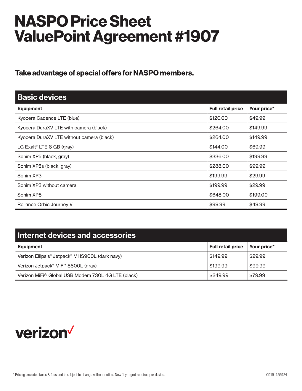 NASPO Price Sheet Valuepoint Agreement #1907