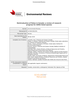 Reintroduction of Fishes in Canada: a Review of Research Progress for SARA-Listed Species