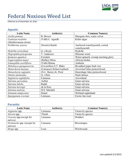 Federal Noxious Weed List Effective As of December 10, 2010