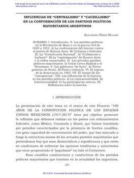 Influencias De “Centralismo” Y “Caudillismo” En La Conformación De Los Partidos Políticos Mayoritarios Argentinos