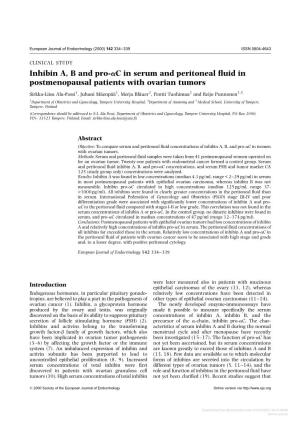 Inhibin A, B and Pro-Ac in Serum and Peritoneal Fluid in Postmenopausal Patients with Ovarian Tumors