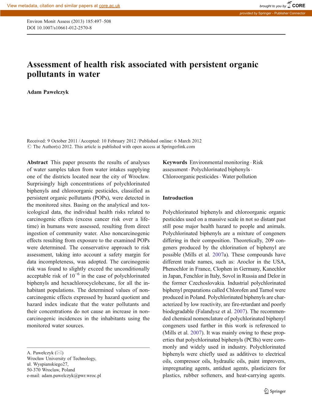 Assessment of Health Risk Associated with Persistent Organic Pollutants in Water