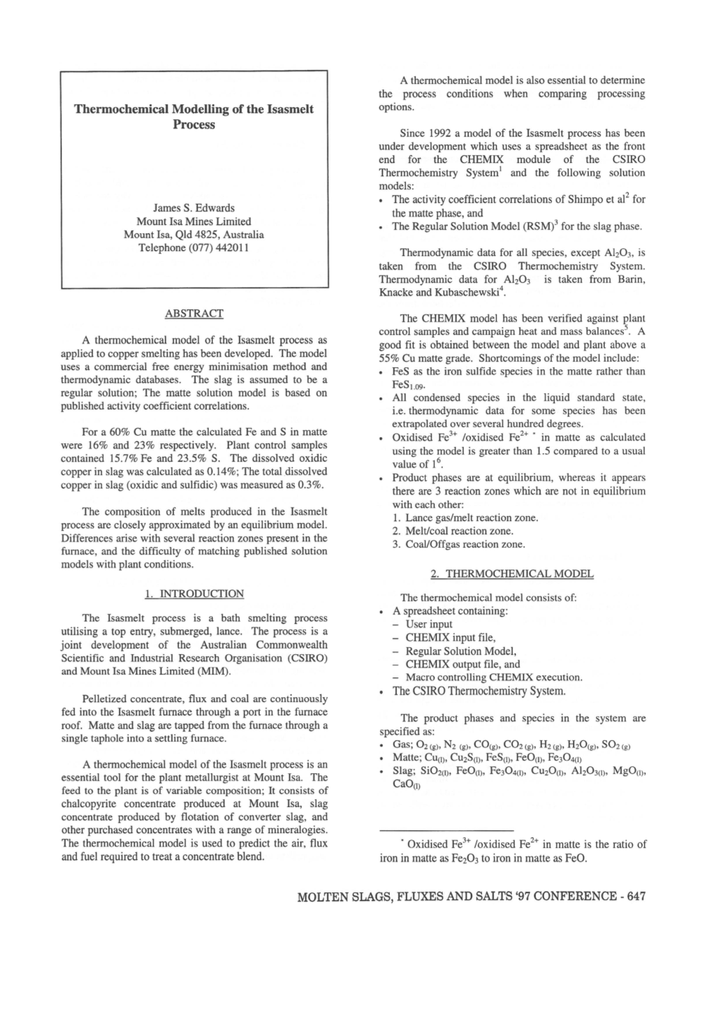 Thermochemical Modelling of the Isasmelt Process