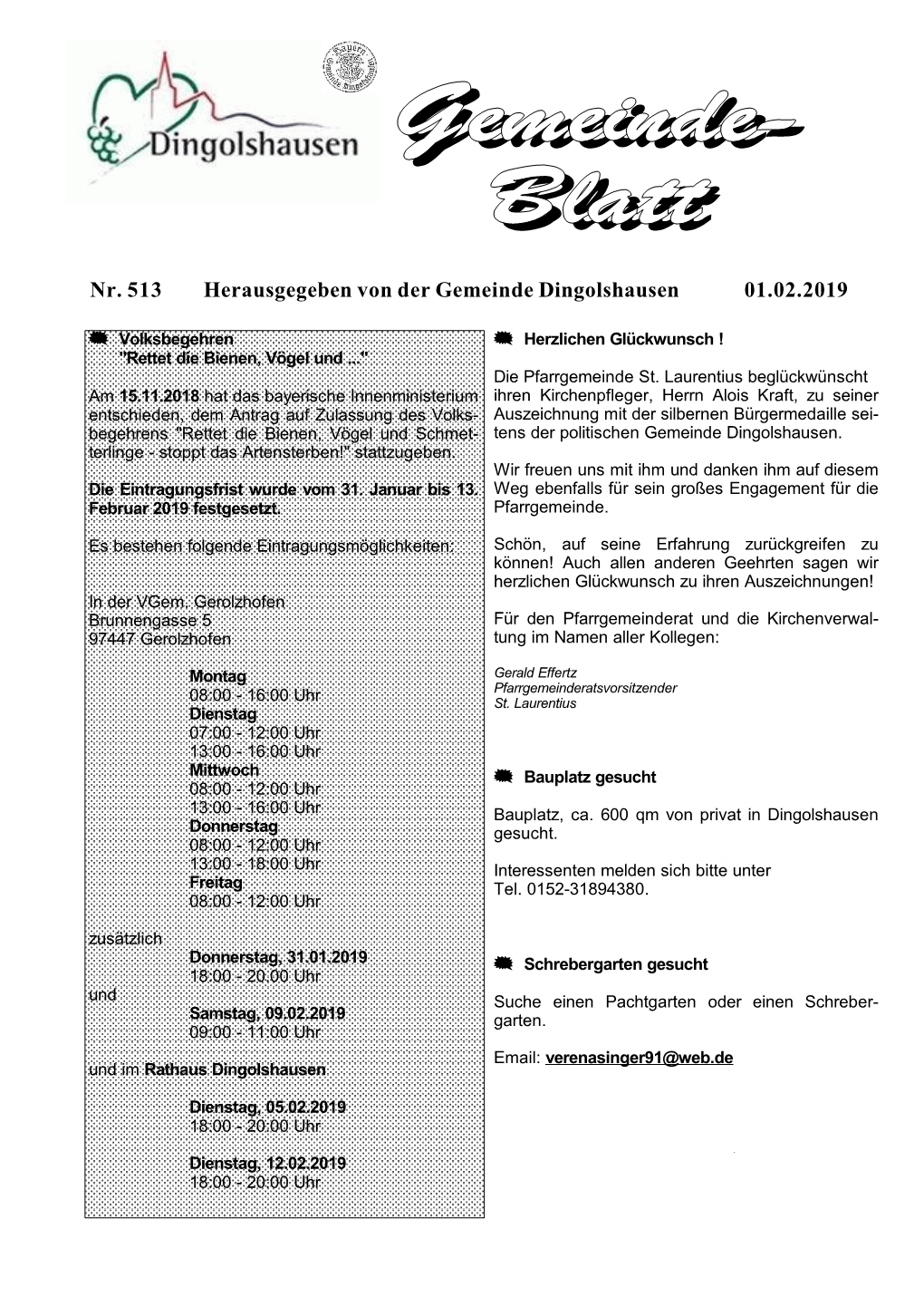 Nr. 513 Herausgegeben Von Der Gemeinde Dingolshausen 01.02.2019