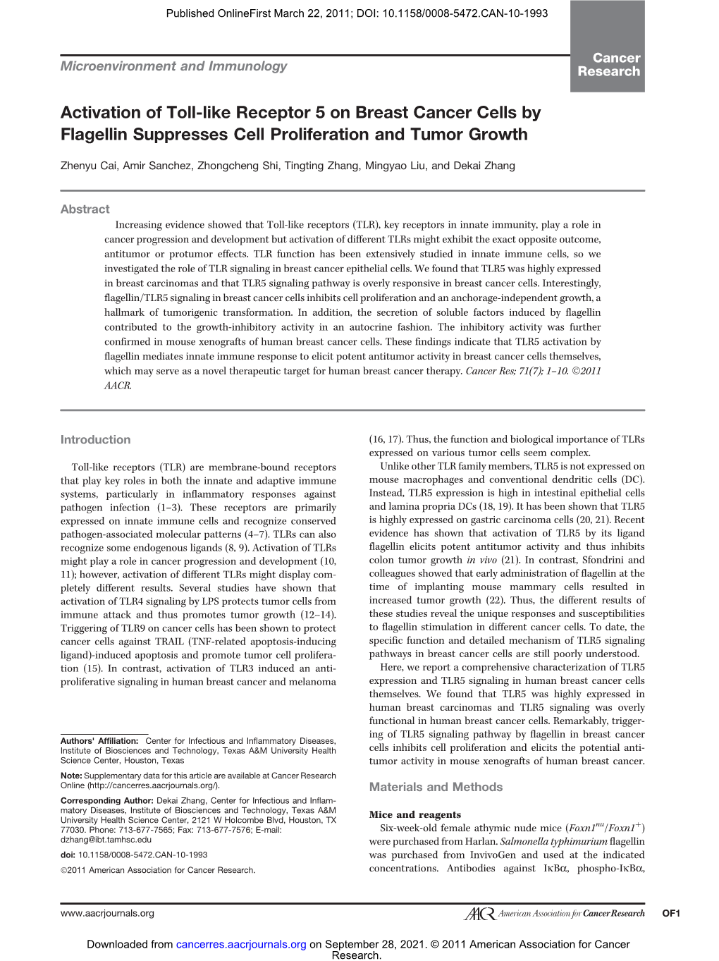 Activation of Toll-Like Receptor 5 on Breast Cancer Cells by Flagellin Suppresses Cell Proliferation and Tumor Growth