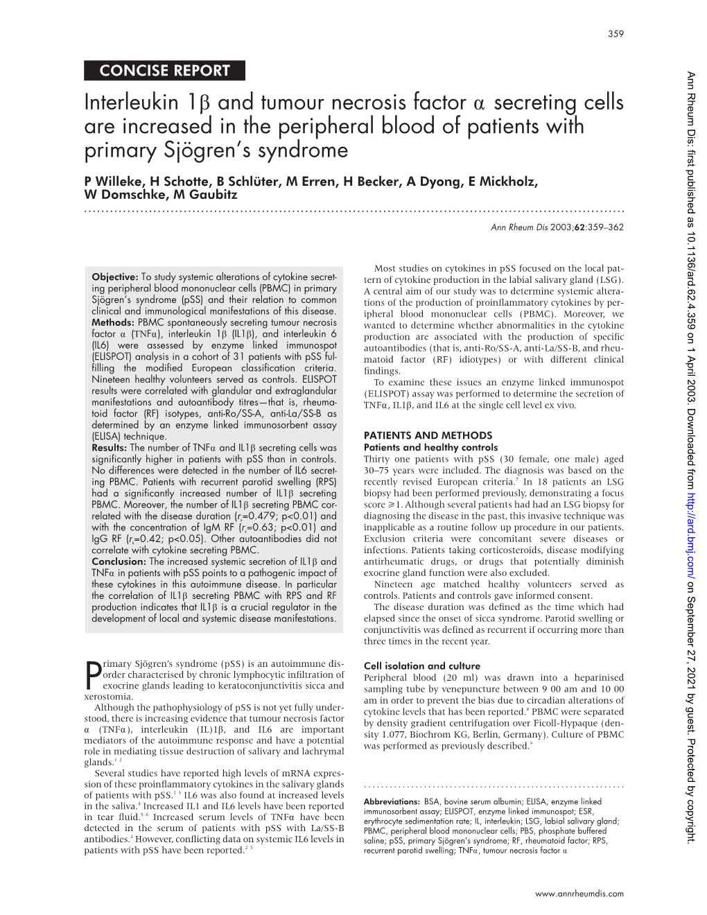 Interleukin 1Β and Tumour Necrosis Factor Α Secreting Cells Are Increased in the Peripheral Blood of Patients with Primary Sj