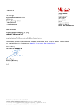 10 May 2016 the Manager Company Announcements Office ASX Limited