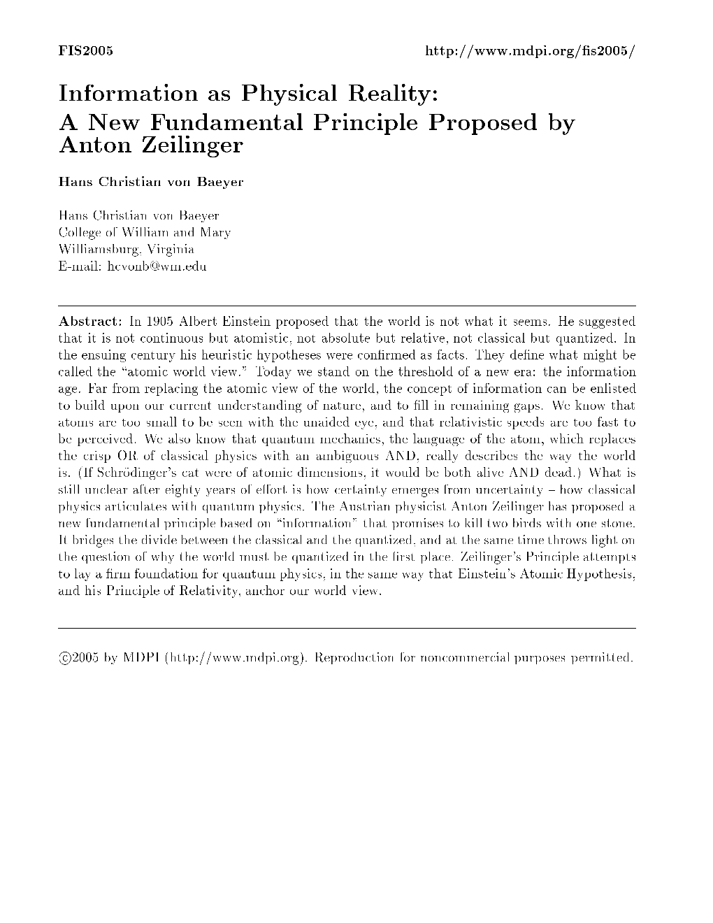 A New Fundamental Principle Proposed by Anton Zeilinger