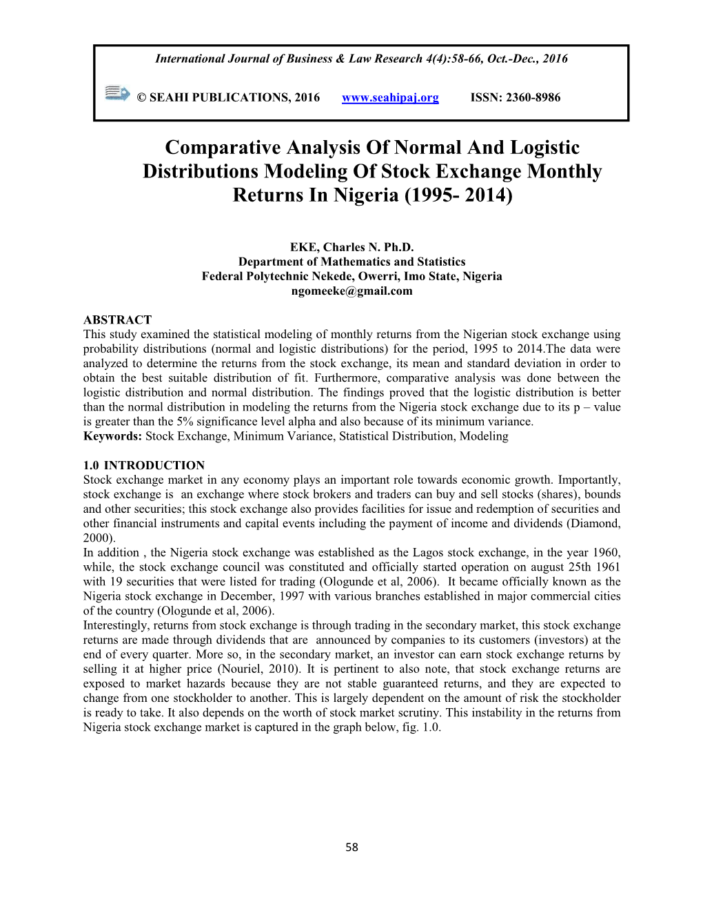 Comparative Analysis of Normal and Logistic Distributions Modeling of Stock Exchange Monthly Returns in Nigeria (1995- 2014)