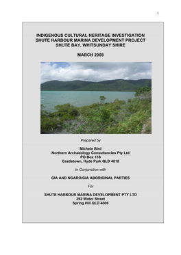 Indigenous Cultural Heritage Investigation Shute Harbour Marina Development Project Shute Bay, Whitsunday Shire