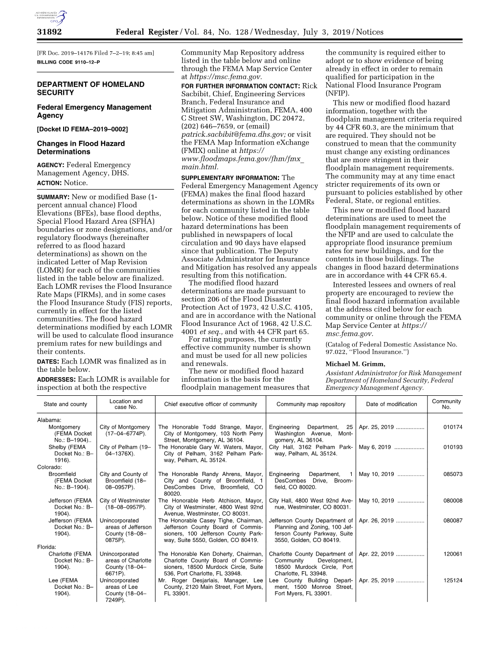 Federal Register/Vol. 84, No. 128/Wednesday, July 3, 2019/Notices