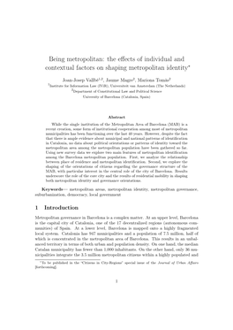 Being Metropolitan: the Eﬀects of Individual and Contextual Factors on Shaping Metropolitan Identity∗