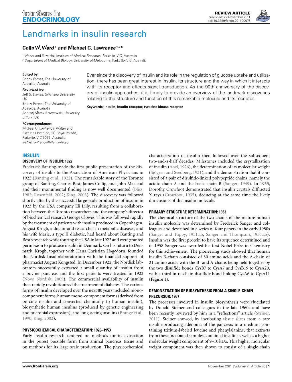 Landmarks in Insulin Research