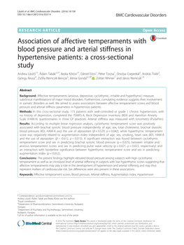 Association of Affective Temperaments with Blood Pressure and Arterial
