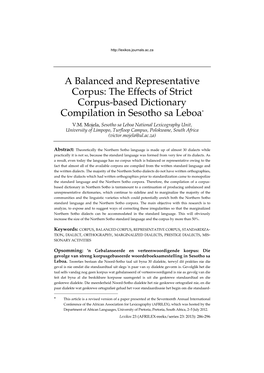 A Balanced and Representative Corpus: the Effects of Strict Corpus-Based Dictionary Compilation in Sesotho Sa Leboa* V.M