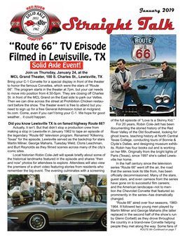 “Route 66” TV Episode Filmed in Lewisville, TX Solid Axle Event! Join Us Thursday, January 24, at the MCL Grand Theater, 100 S