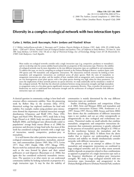 Melian, C. J., Bascompte, J., Jordano, P., Krivan, V. 2009. Diversity in a Complex Ecological Network With
