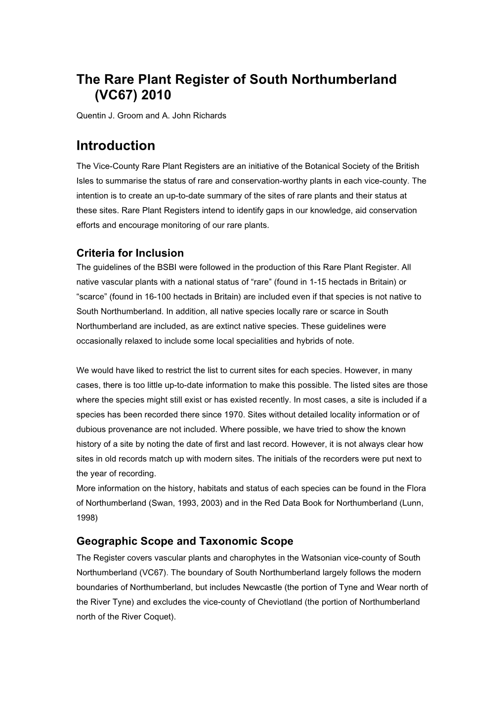 The Rare Plant Register of South Northumberland (VC67) 2010 Quentin J