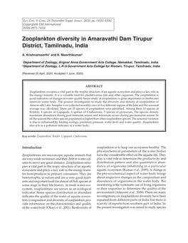 Zooplankton Diversity in Amaravathi Dam Tirupur District, Tamilnadu, India