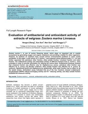 Evaluation of Antibacterial and Antioxidant Activity of Extracts of Eelgrass Zostera Marina Linnaeus