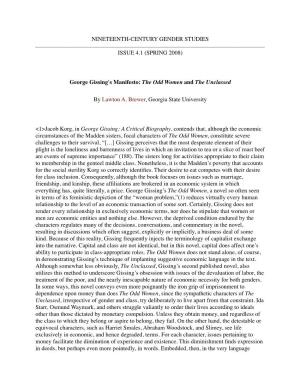 NINETEENTH-CENTURY GENDER STUDIES ISSUE 4.1 (SPRING 2008) George Gissing's Manifesto: the Odd Women and the Unclassed