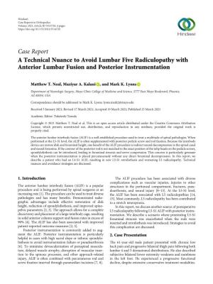A Technical Nuance to Avoid Lumbar Five Radiculopathy with Anterior Lumbar Fusion and Posterior Instrumentation