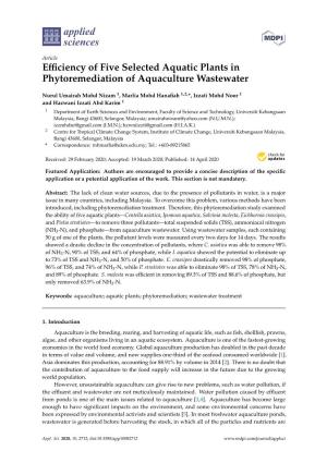 Efficiency of Five Selected Aquatic Plants in Phytoremediation