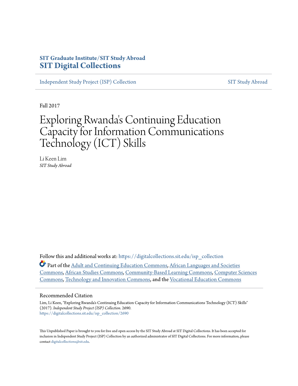 Exploring Rwanda's Continuing Education Capacity for Information Communications Technology (ICT) Skills Li Keen Lim SIT Study Abroad