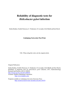 Reliability of Diagnostic Tests for Helicobacter Pylori Infection