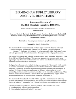 Interment Records of the Red Mountain Cemetery, 1888-1906